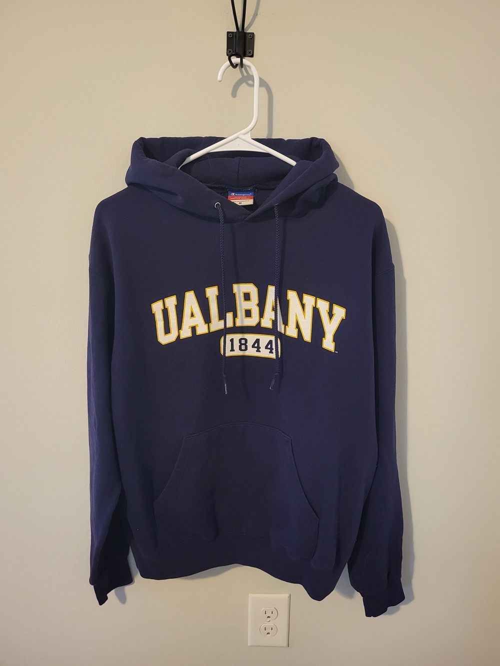 Champion Navy UAlbany Pullover Hoodie with Gold & White Lettering